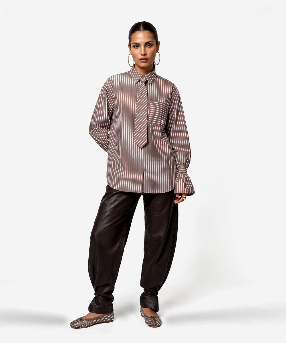 Talya-Tie Brown Blouse | Office Brown